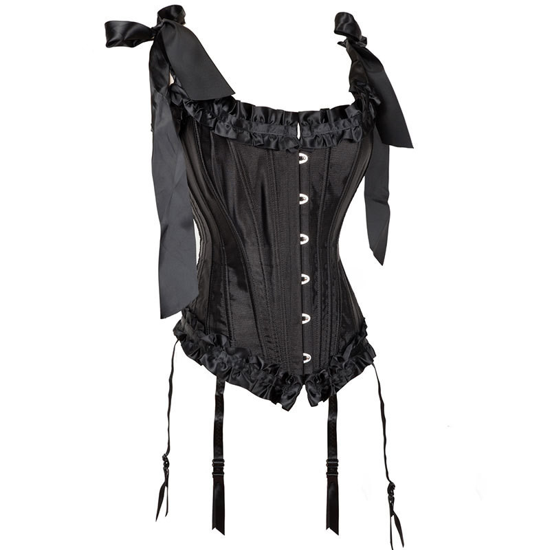 Women Satin Steel Bones Corset Wide Ribbons Self-tie Bows Shoulder Straps Sexy Gothic Waist Trainers With Suspenders Women White Bridal Corselet Linge