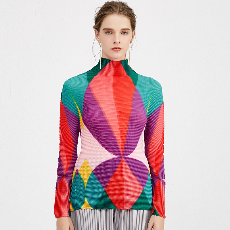 WQJGR Spring and Autumn Womens Tops and Blouses Turtleneck Colorful Graphic Print Folds Womens Shirts 210507