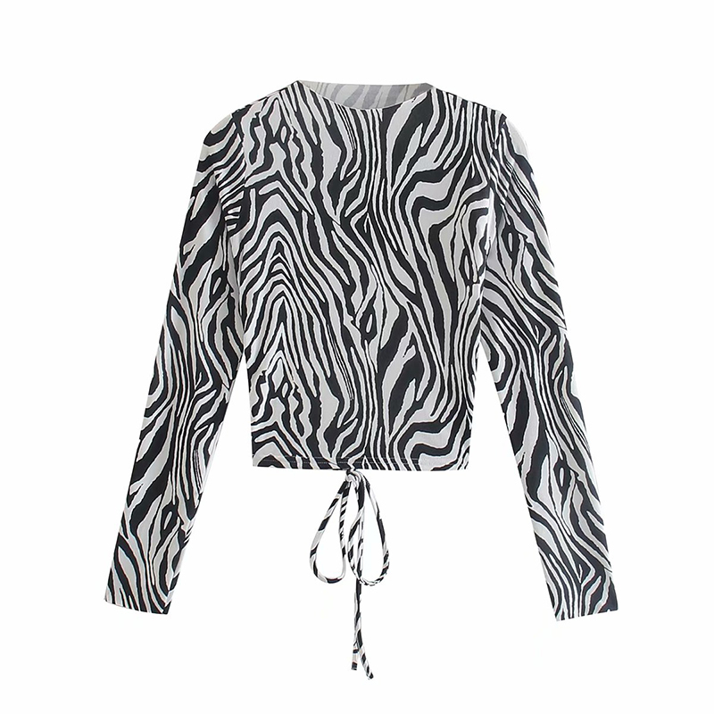 Y2K Girls Backless Blouses Summer Fashion Ladies Zebra Stripe Tops Vintage Women Streetwear Short Blouse Female Chic 210430