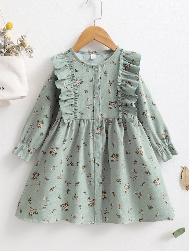 Toddler Girls Ditsy Floral Ruffle Trim Corduroy Dress SHE
