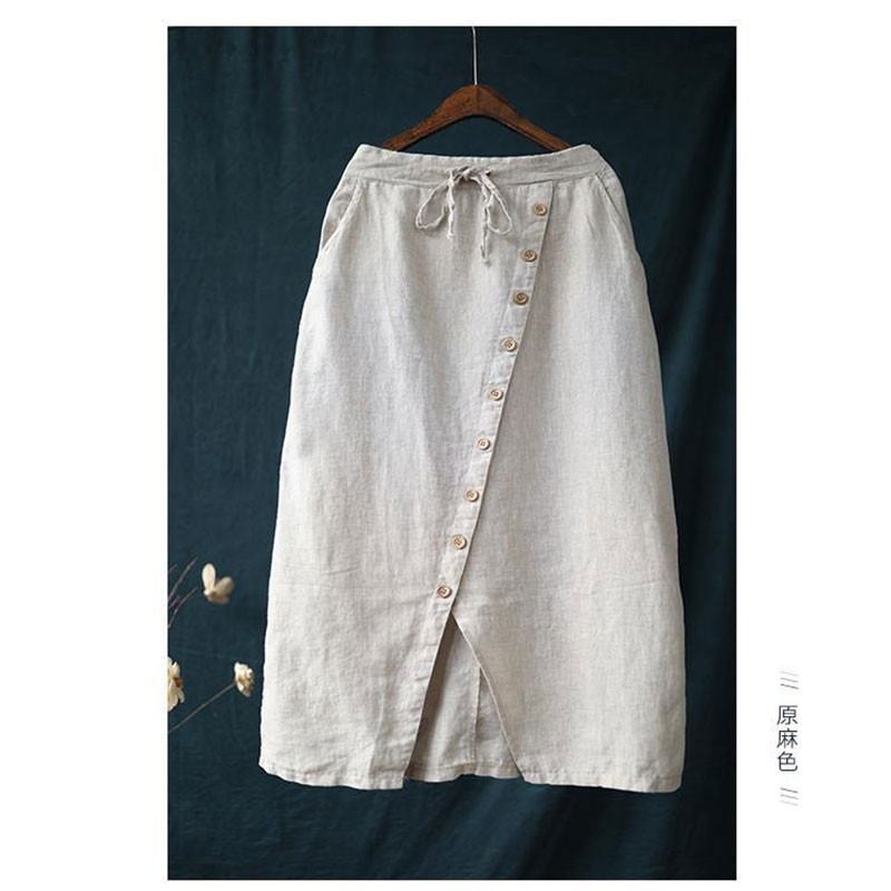 Summer Arts Style Women High Waist Casual Long Skirt Single-breasted 100% Linen Vintage Femme Saia Longa M290 210512