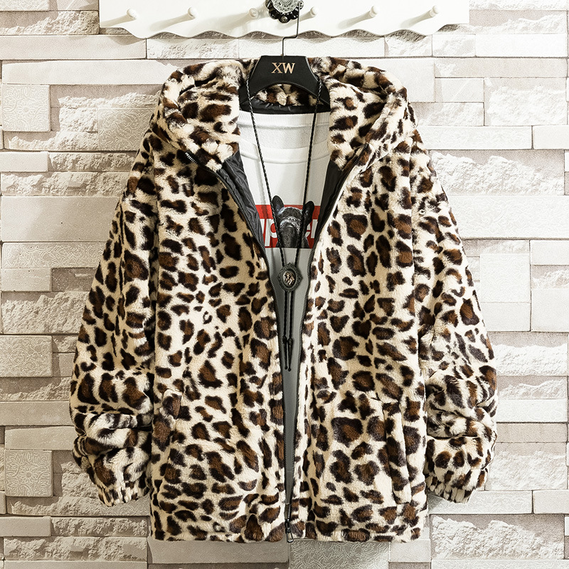 Hip Hop Lambswool Sherpa Jacket Mens Streetwear Leopard Pattern Stand Cardigan Coats Winter Harajuku Loose Couple Outwear