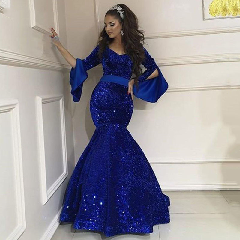Sparkly Royal Blue Sequined Mermaid Prom Dresses With Slit Poet Long Sleeve V Neck Women Formal Evening Gowns Aso Ebi 2022 African Women Special occas