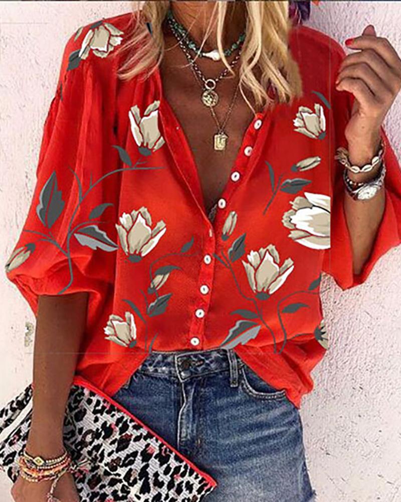Summer Women Plus Size Vintage Floral Print T-Shirt Femme Lantern Sleeve Button Front Tunic Ladies Casual Blouse New Clothe 210415