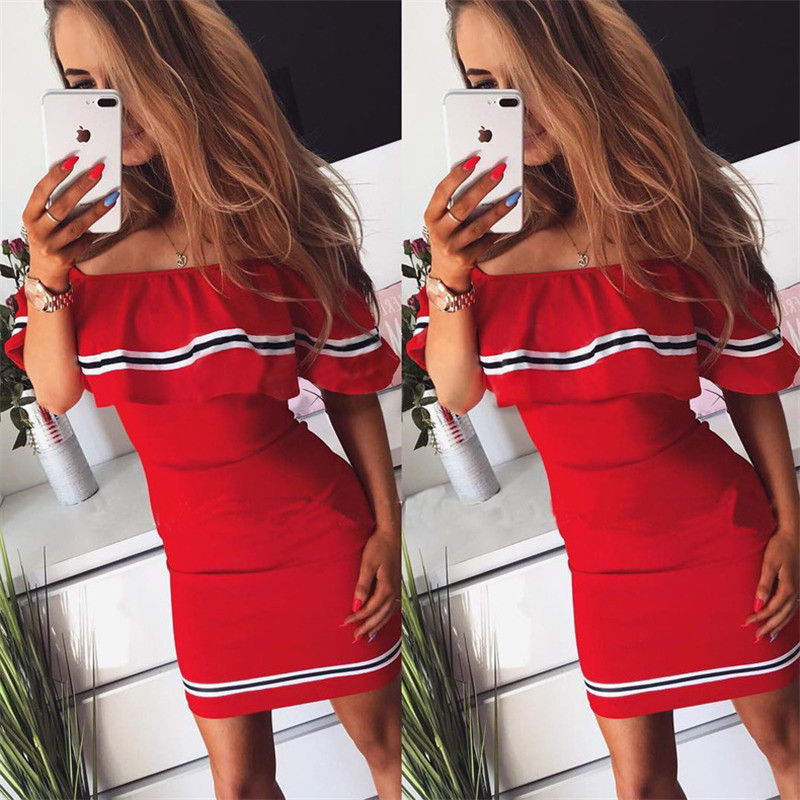 Off Shoulder Slash Neck Sexy Autumn Party Dress Striped Ruffles Short Sleeve Summer Dress Women Plus Size Casual Beach Vestidos 210331