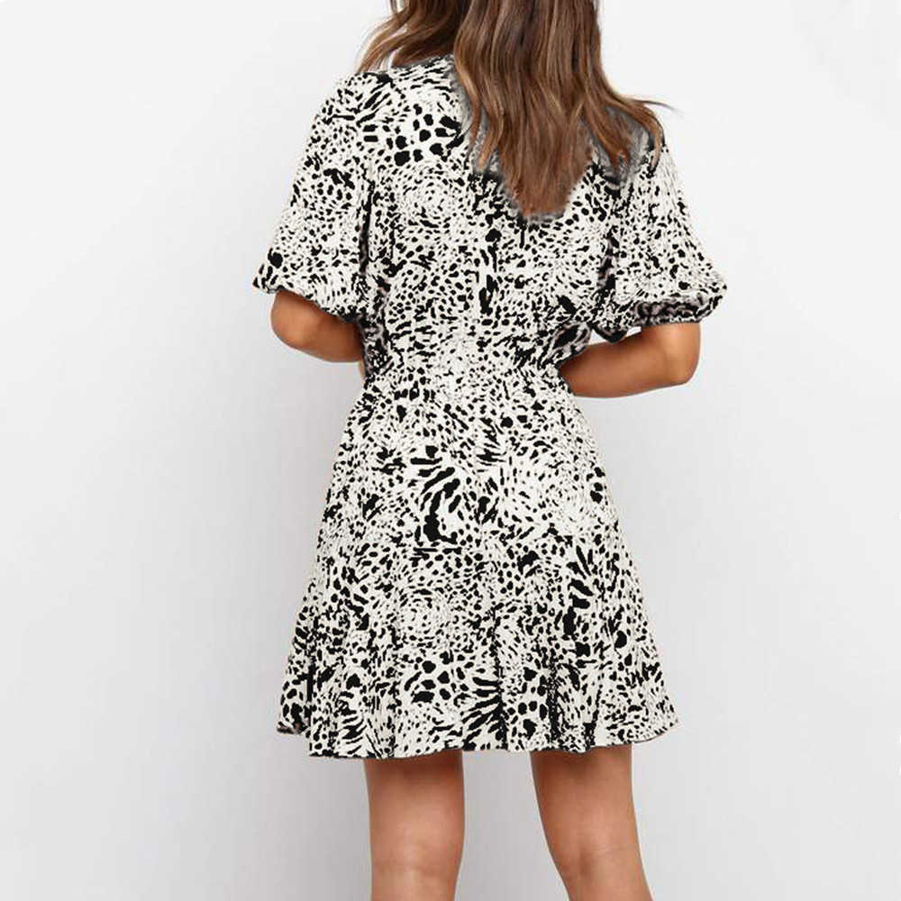 Fashion Women Summer A-Line Dress Sexy Deep V-Neck Lace Up Short Sleeve High Waist Black White Print Slim Pullover Mini Dresses 210526