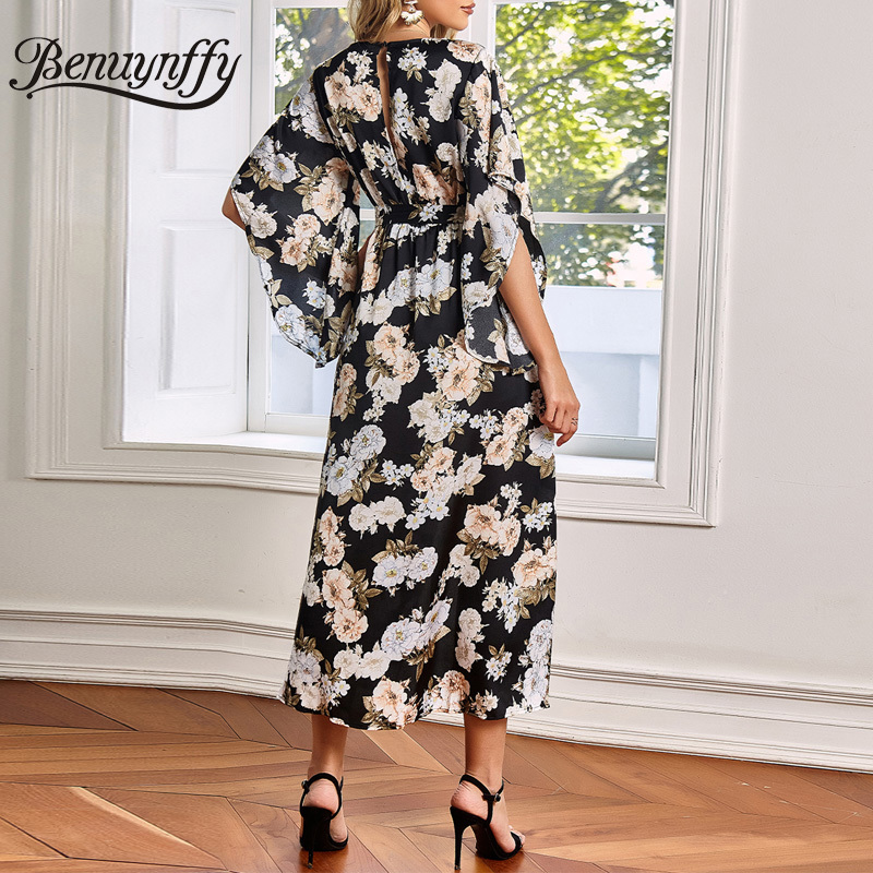V-neck Holiday Style Floral Print Women Long Dresses Summer Beach Casual High Waist Belted Split Dress Ladies 210510