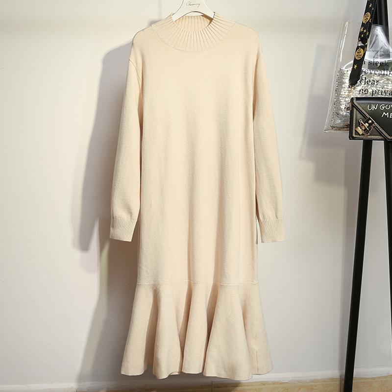 Large Female Autumn Knitted Dress Simple Mid-calf Round Neck A-line Preeey Style Ruff Solid Long Sleeves Loose Xl-4XL Casual Dresses