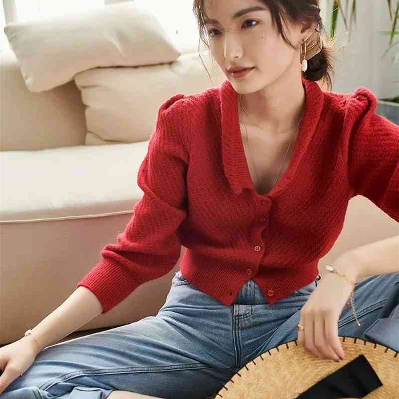 WOMENGAGA Autumn Winter Women Collared Textured Stitch Tops Knit Cardigan With Ribbed Cuffs Sweater SUYP 210603