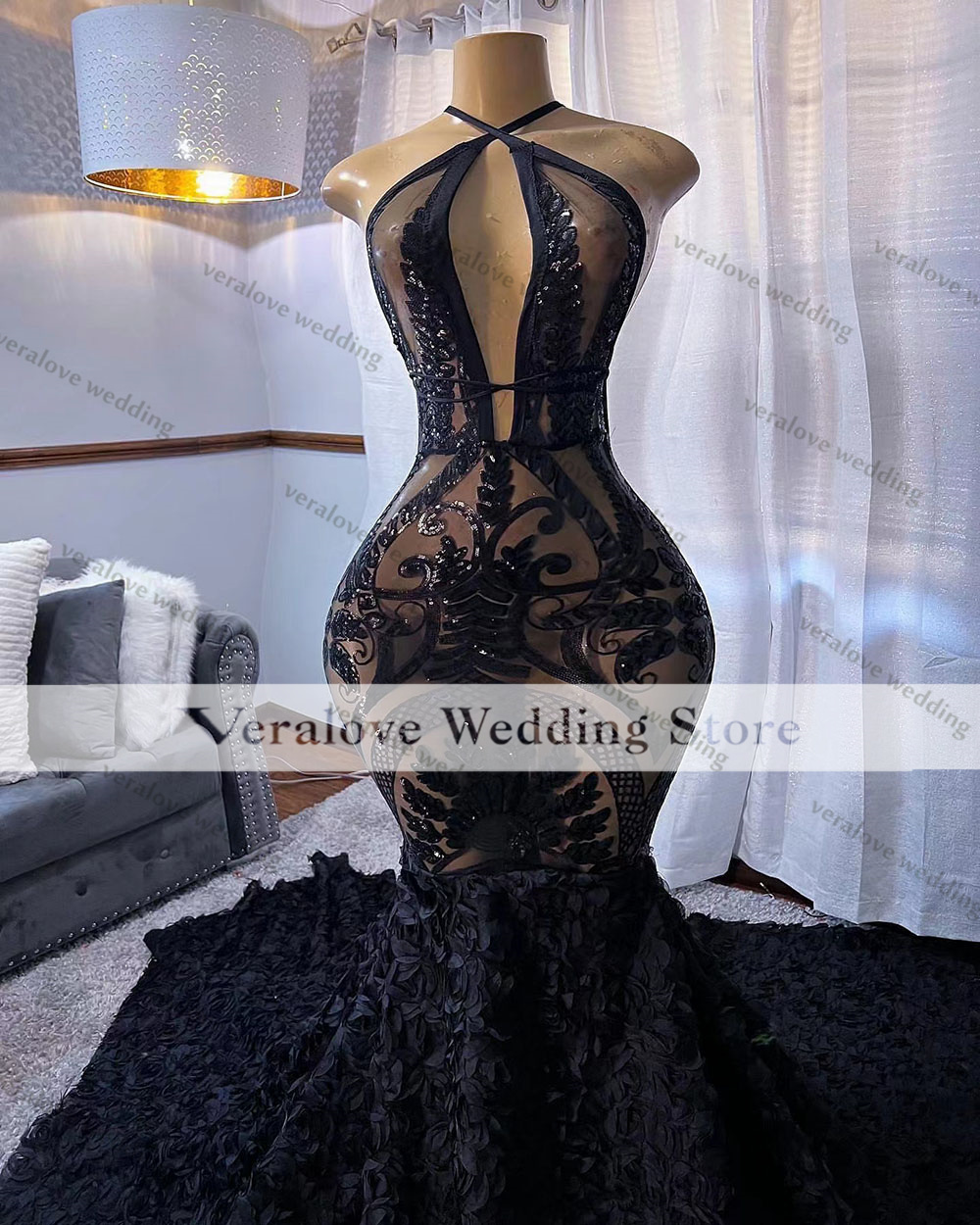 Black Dress Sexy Sparkly Sequins Evening Dresses Mermaid Halter Neck African Women Formal Prom Party Gowns Plus Size