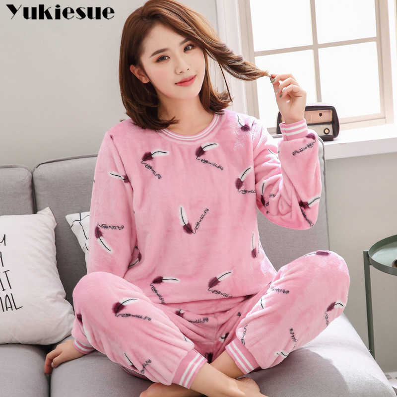 Thick Warm Flannel Pajamas Sets Winter Women Two Piece Pajama Set Cartoon Female Sleepwear Home Clothing Women's Suit 210608