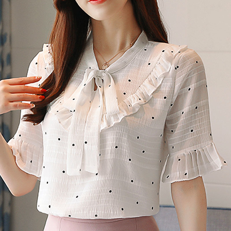 Korean Fashion Clothing Women Blouses Tops White Shirts Chiffon Shirt Blouse Bow Polka Dot V-Neck 3050 50 210415