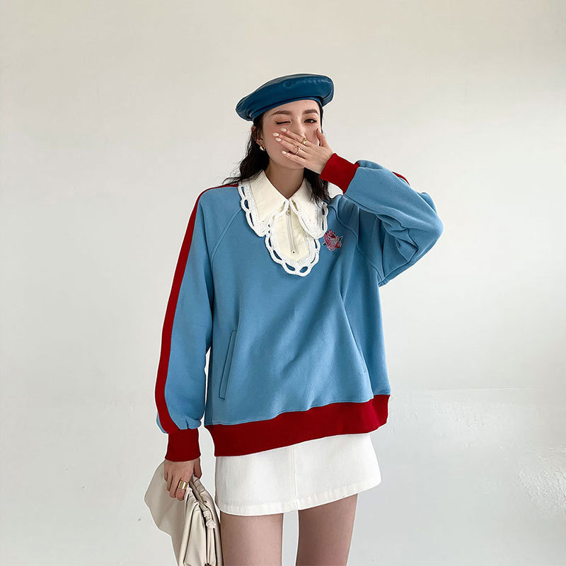 Sweet Contrast Color Tops Women's Spring Turn-down Collor Lace Loose Long Sleeve Sweatshirt Female 8Y598 210427