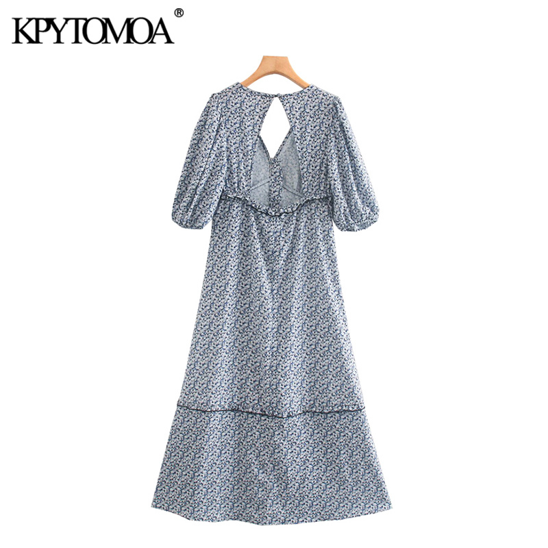 Women Chic Fashion Floral Print Ruffled Midi Dress Backless Puff Sleeve Slit Female Dresses Vestidos 210420