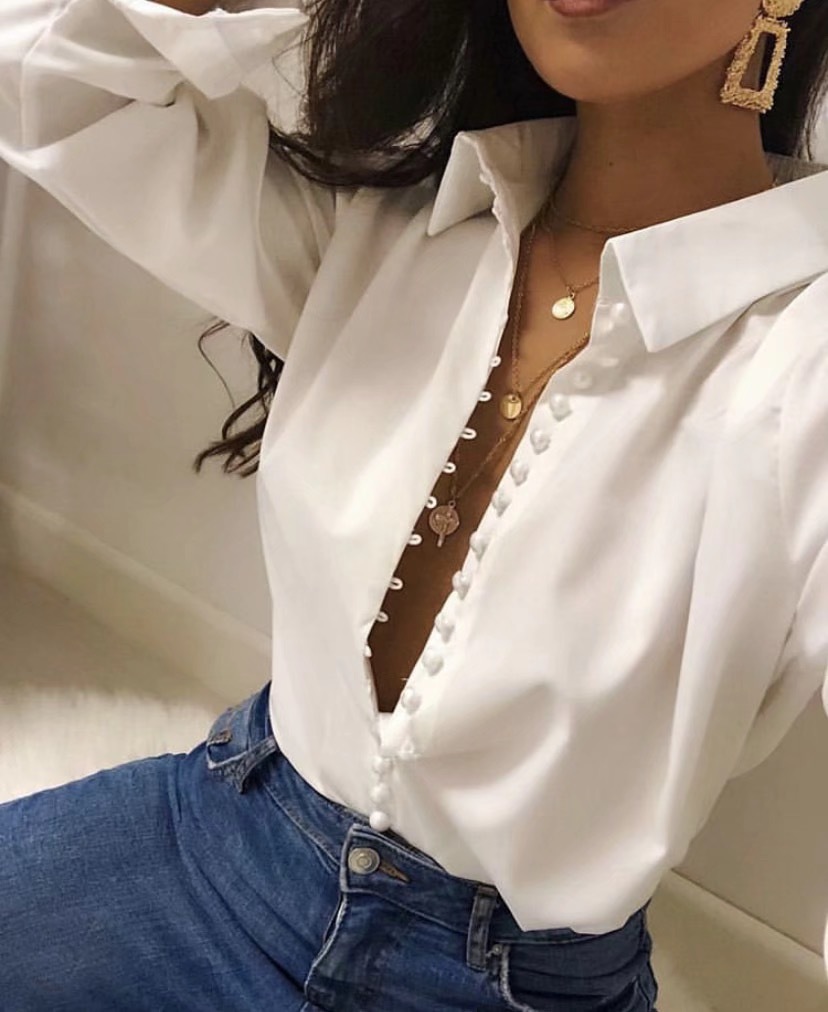 Retro Pearl Button Lapel Shirt French White color Single-breasted Long sleeve Women Blouse Casual Tops 210429