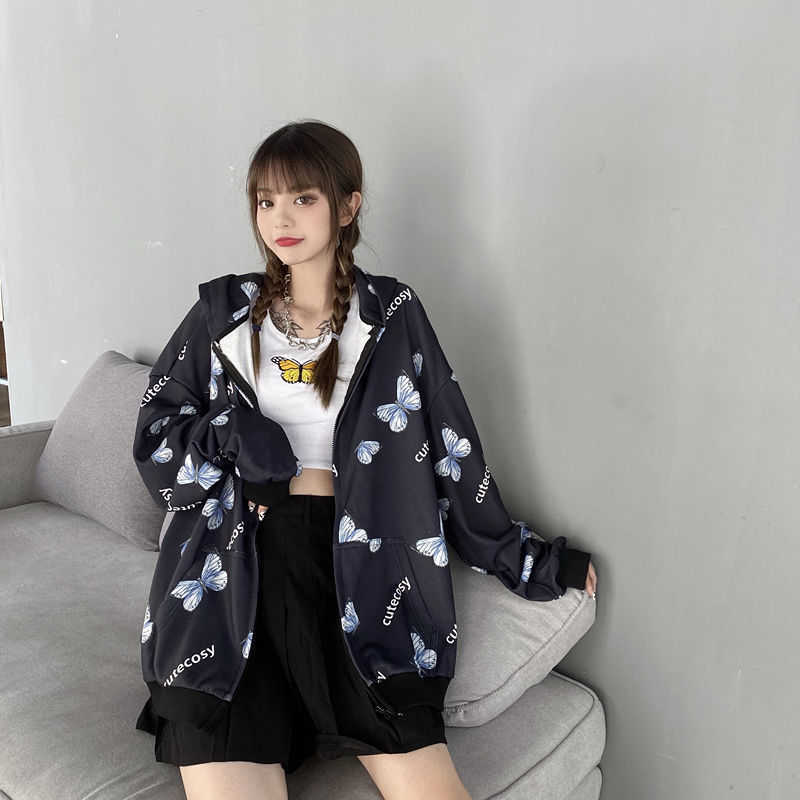 Summer Harajuku Butterfly Hoodie With Zipper Women Sweatshirt Spring Oversized Hoodies Outerwear Plus Size 210910