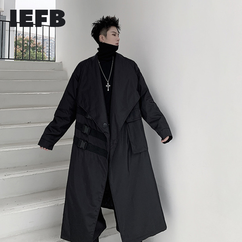 IEFB Big Lapel Black Long Trench Coat For Men Spring Carabiner Decorative Pockets Loose Big Size Windbreaker 9Y4708 210524