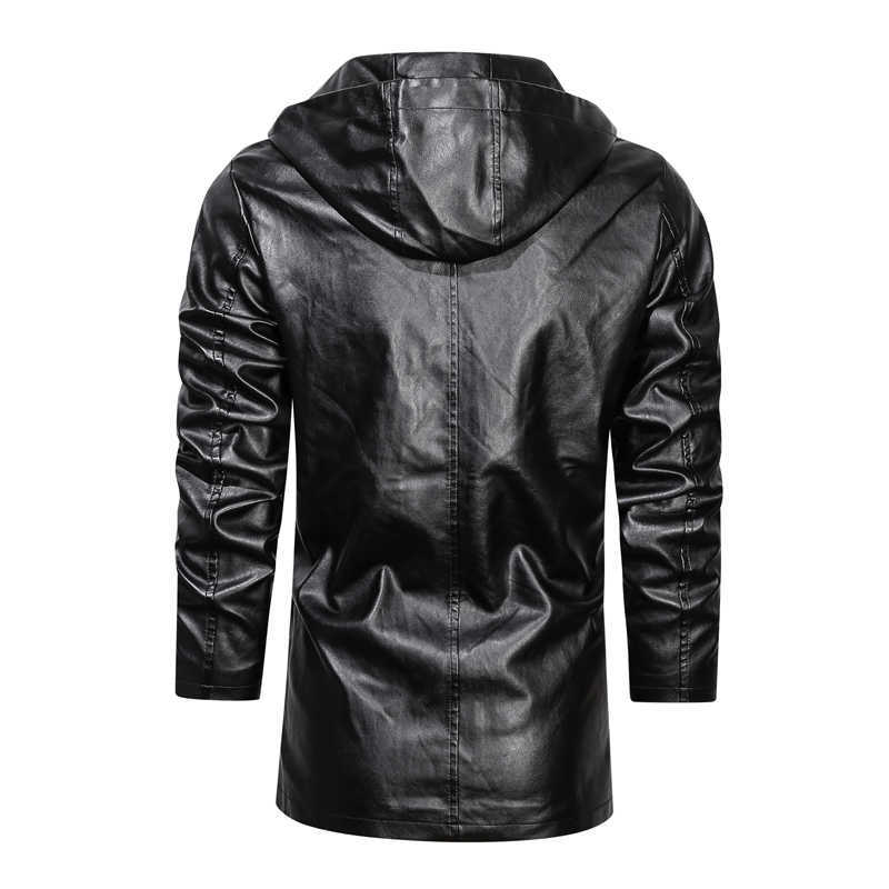 Men's PU Leather Jackets Long Style Hooded Bomber Jacket Leather for Male Fashion Slim Thin Clothes Mens Overcoat 211018