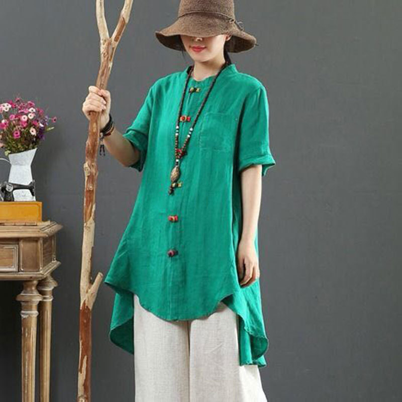 National Style Summer Women Shirt Plus Size Short Sleeve Loose Colours Button Long Linen Tops Vintage Femme Blouses D14 210512