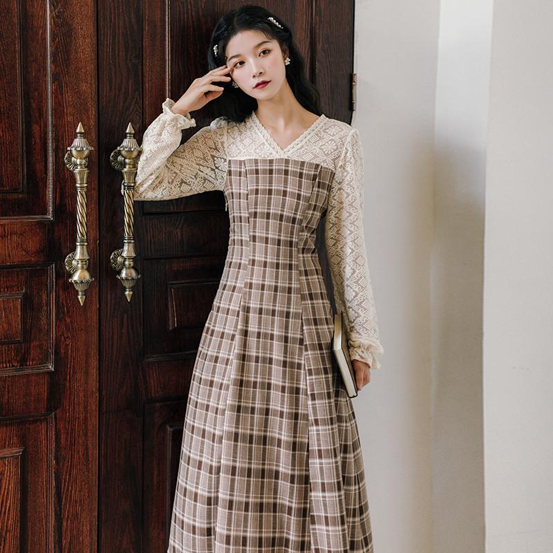Fashion Women's Clothing Autumn Full Lace Mid-Calf Vintage Dresses Casual