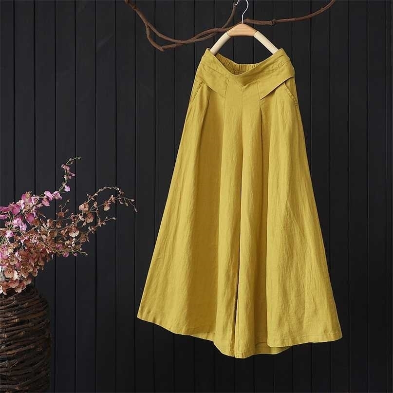 Summer Arts Style Women Elastic Waist Solid Wide Leg Pants All-matched Casual Cotton Linen Loose Plus Size S980 211115