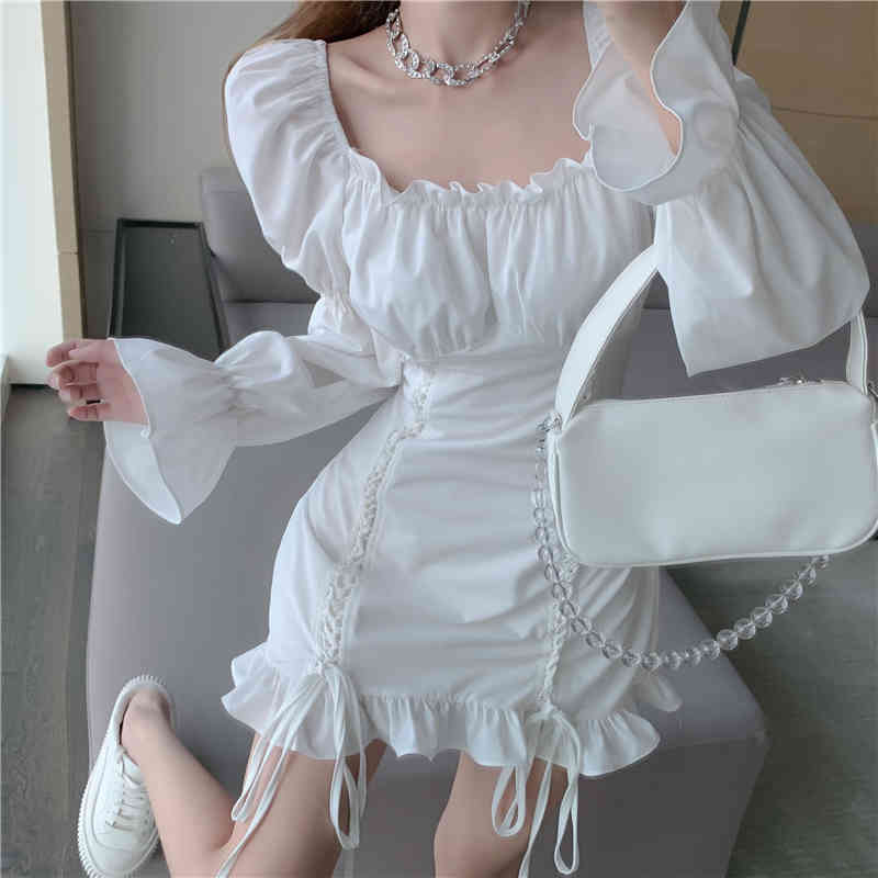Summer Retro Stitching Wood Ears Lace Cross Lacing Up Puff Sleeve Club Dress for Woman White Casual Mini Dresses 210519