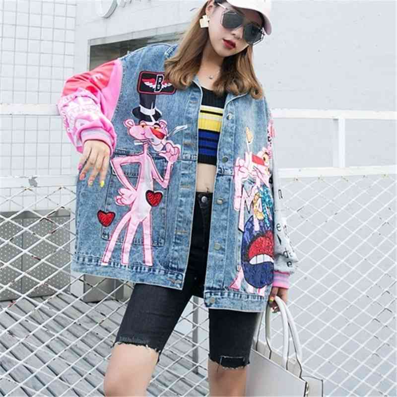 Women Contrast Color Blocked Long Sleeve Cardigan Plus Size Loose Cartoon Sequins Denim Coat Turn Down Collar Bomber Jacket 210515