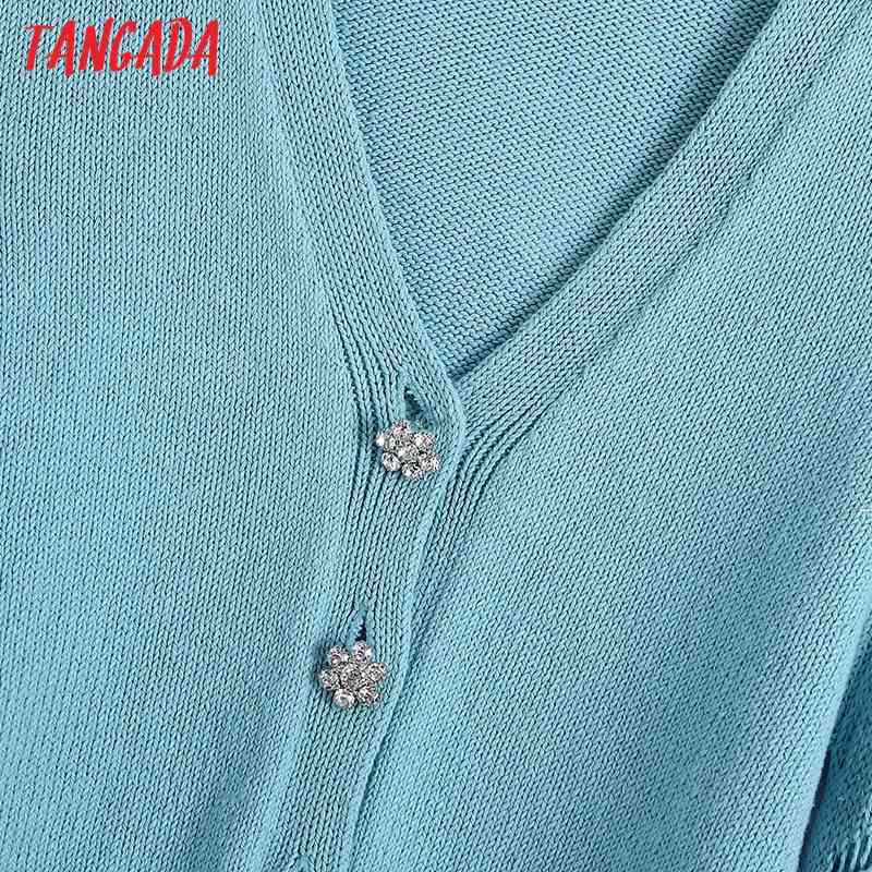 Women Cardigans V Neck Puff Sleeve Hollow Out Crochet Short Knitted Sweater Female Chic Diamond Button Tops BE229 210416
