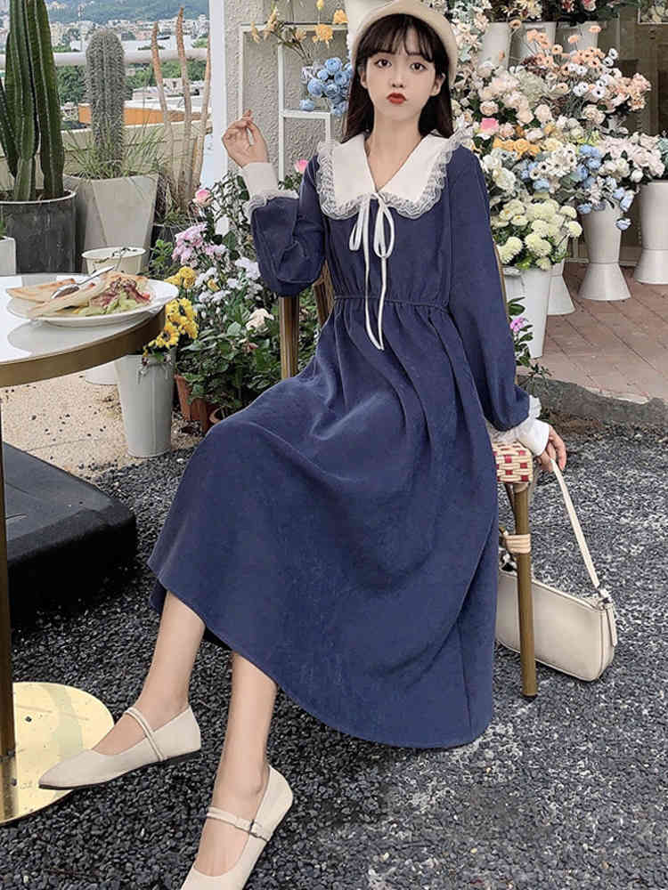 Vintage Dress Women Sweet Lace Peter Pan Collar French Elegant Long Sleeve Lace-Up Fairy Dress Korean Spring Chic 210521