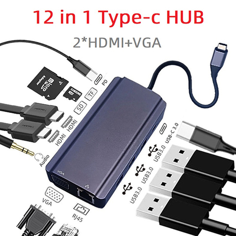 USB C HUB Type-c To Dual 4k HDMI-conpatible VGA PD Charging RJ45 3.5mm Audio Jack TF/SD Card Slot Adapter