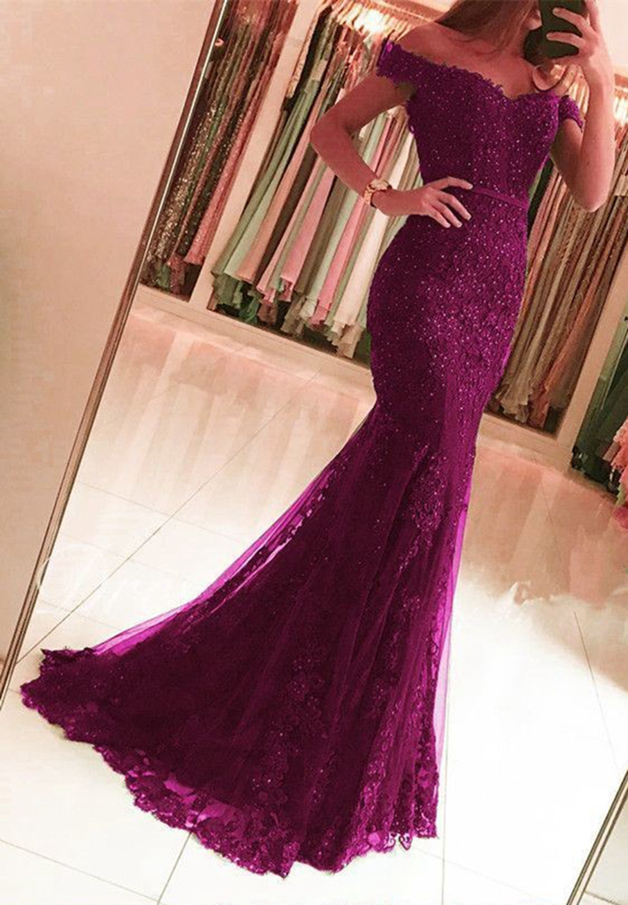 Royal Blue Mermaid Evening Dresses 2021 New Women Boat Neck Appliques Lace Formal Party Elegant Off Shoulder Long robe de soiree