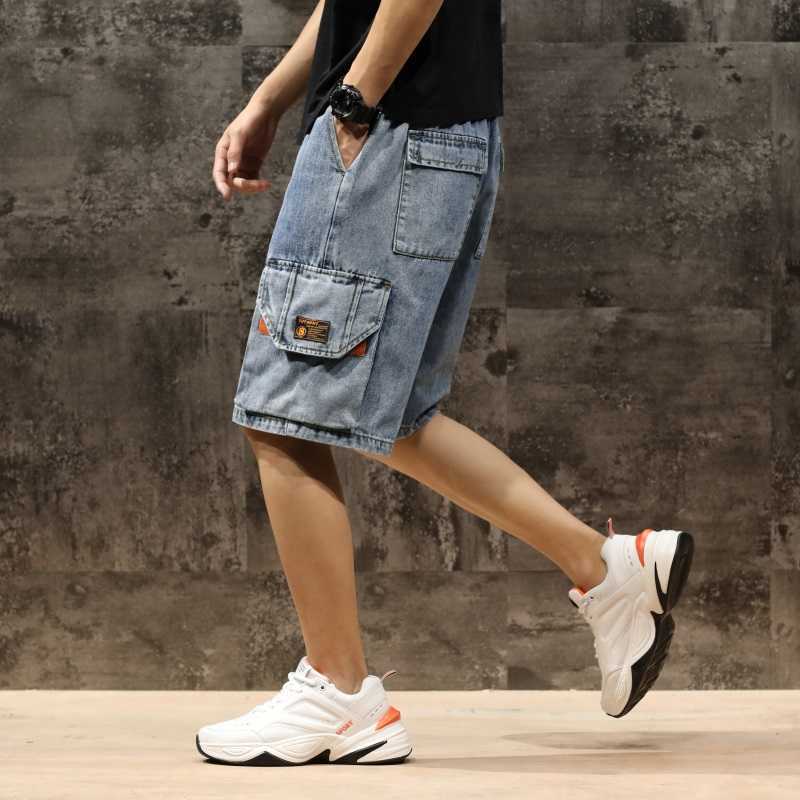 Men Denim Shorts Streetwear Elastic Waist Breeches Bermuda Male Big Pocket Casual Half Jean Summer Fashion Cargo 210629