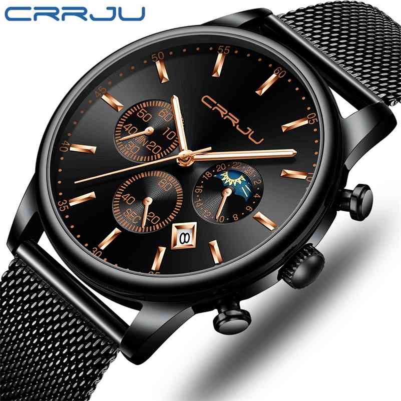 

reloj hombre CRRJU Men Watches Top Brand Luxury Waterproof Business Date Window Wrist Watch Male Mesh Strap Casual Quartz Clock 210517, Black rose black