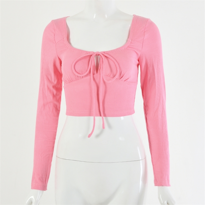 Spring and summer top European and American sexy square neck chest lace up long sleeve t-shirt female 210602