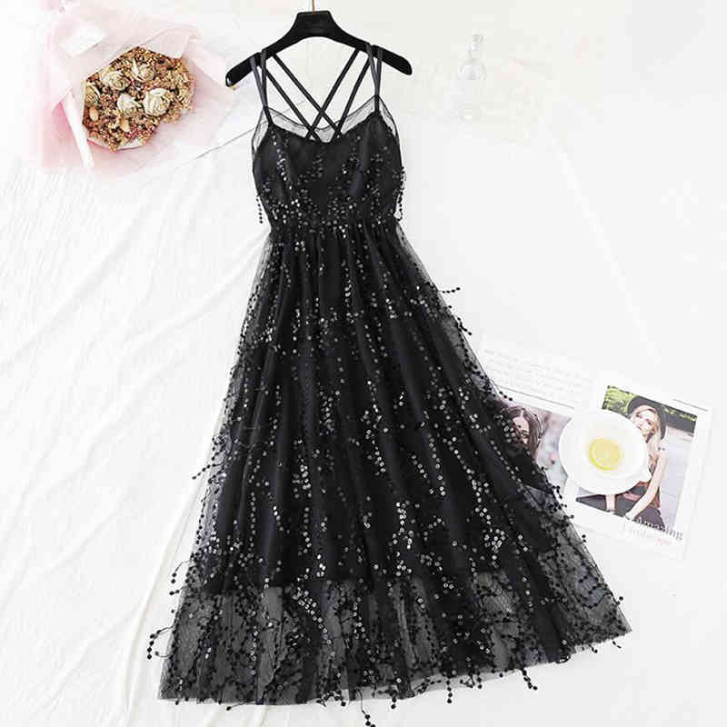 Summer Women Sequins Mesh Spaghetti Strap Dress Sleeveless V Neck Open Back Sexy Lace Dress Female Sweet Sling Tulle Long Dress 210521