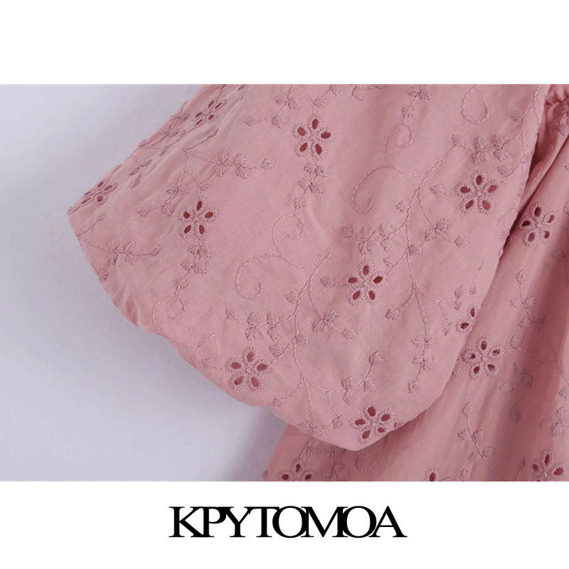 Women Chic Fashion Hollow Out Embroidery Ruffled Mini Dress Short Sleeve With Lining Female Dresses Mujer 210420