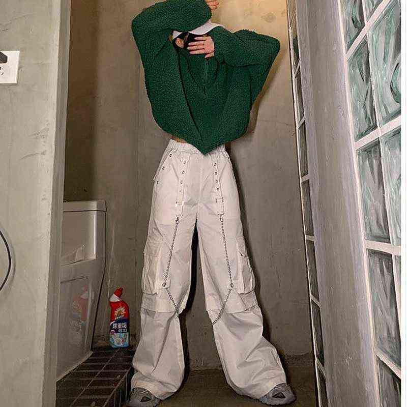 HOUZHOU Mall Goth White Cargo Pants Women Gothic Harajuku Hippie Streetwear Chain Punk Loose Trouser Baggy Oversize Korean Style 211124