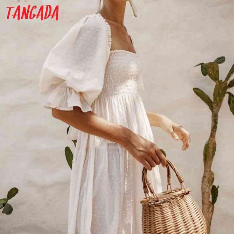 Fashion Women White Dots Decorate Off Shoulder Long Sleeve Holiday Ladies Dress 8M8 210416