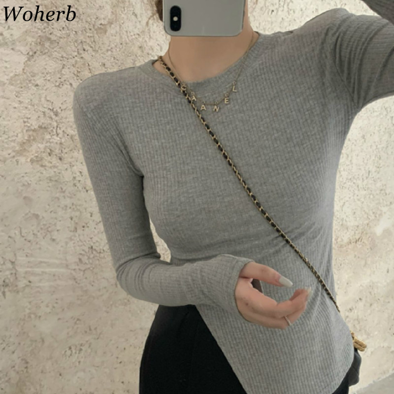 Blusas Mujer Spring White Knitted Long-sleeved Sweater Basic Shirt Women O Neck Irregular Split Slim Fit All-match Tops 210422