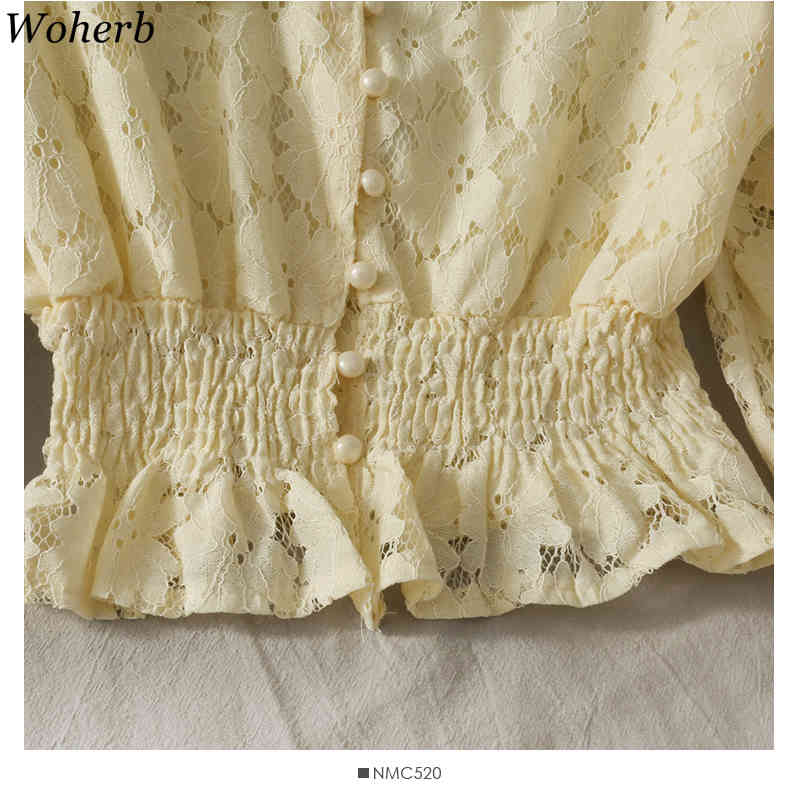 Elegant Lace Patchwork Hollow Out Blouse Women Peter Pan Collar Long Sleeve Cropped Blusas Spring Summer Shirt 210519