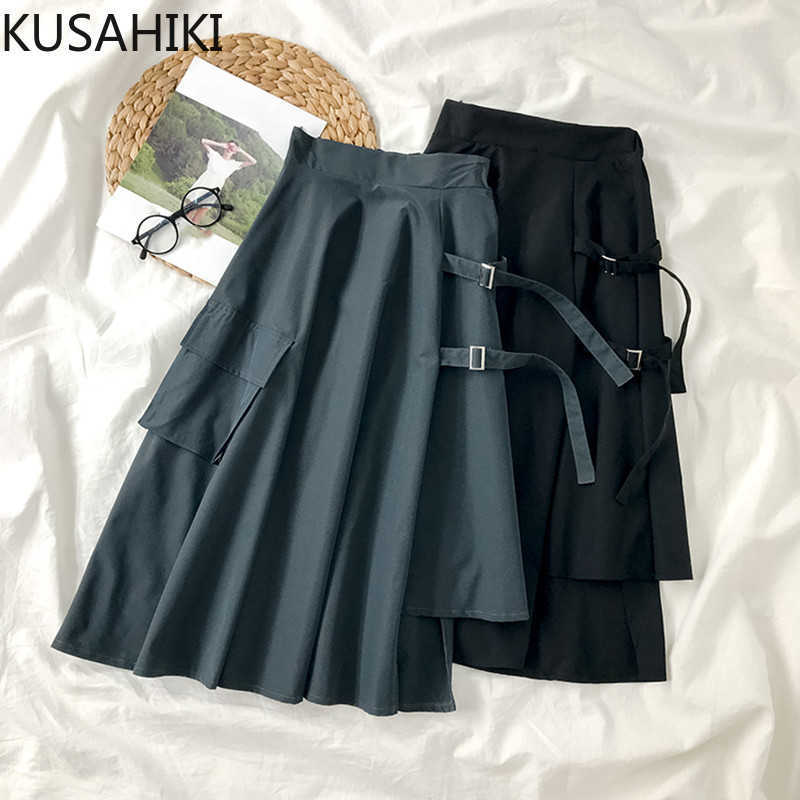Japanese Safari Style Women Skirt Spring High Waist Skirts Ribbon Pockets Irregular A-line Faldas Mujer 6F681 210603