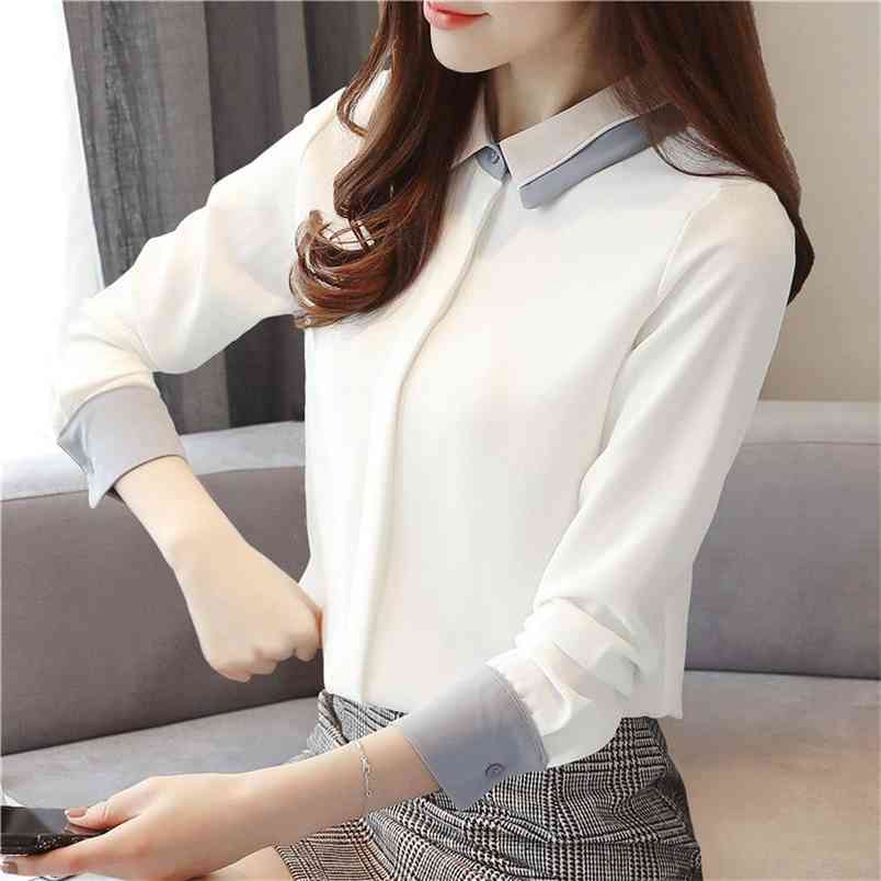 White Shirt Women Long Sleeve Spring Autumn Patchwork Turn-down Collar Ladies Tops Office Lady Chiffon Blouse Plus Size 5XL D196 210512