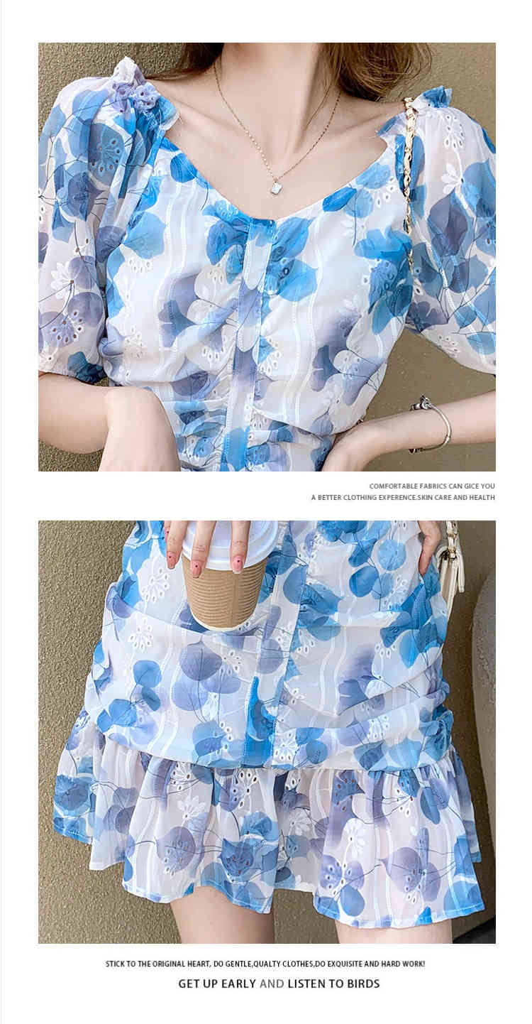 Elegant Short Dress Women Summer Flower Print Sexy V-Neck Puff Sleeve Beach Casual Ruffles Mermaid Mini Female Vestidos 210519