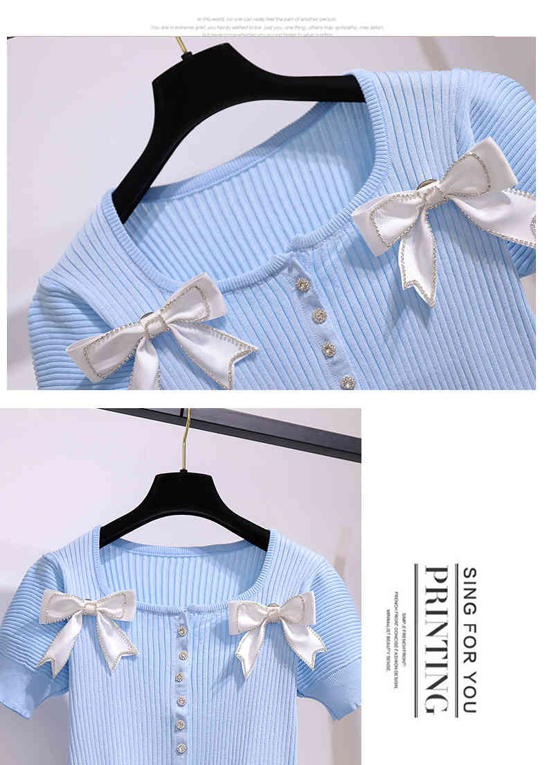 Sweet Pink Two Piece Set Elegant Bow Square Collar Knitted Short Sleeve Top + White Chiffon Mini Skirts Suits Summer Outfits 210518