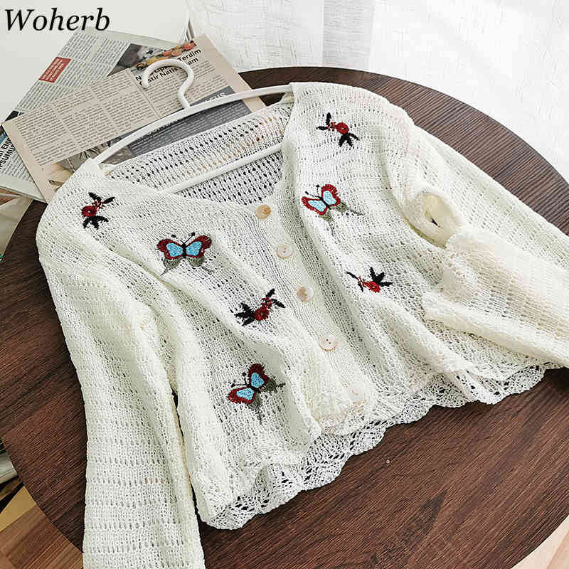 Elegant Summer Thin Holloe Out Cardigans Sweater Women V Neck Butterfly Embroidery Cropped Tops Lady Knitted Capes 210519