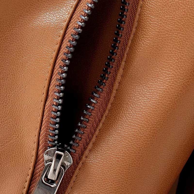 Fashion Women Brown Color Pu Leather Jacket Outerwear Autumn Spring Long Sleeve Office Casual Coat Lady Femme Veste 210414