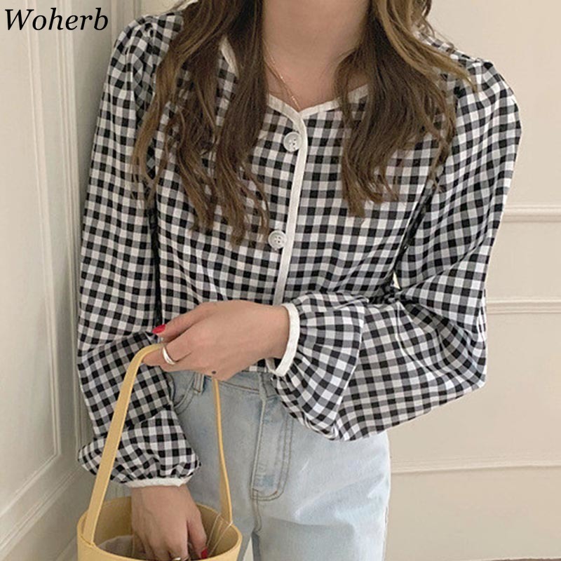 Women Plaid Shirt Long Sleeve Crew Neck Single Breasted Loose Female Tops Harajuku Cute Blouses Casual Korean Chic Blusas 210519