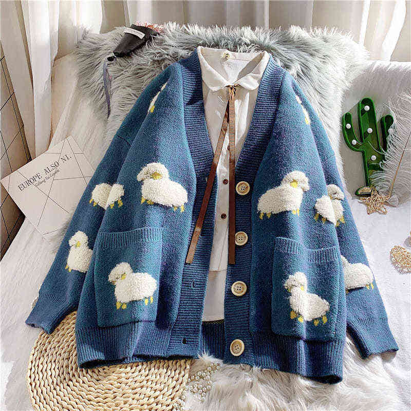 Autumn Winter Plus Size 3xl Cute Cartoon Print Knitted Cardigan Casual Big Pocket Single-breasted Sweaters Korean Loose Sweater 211117