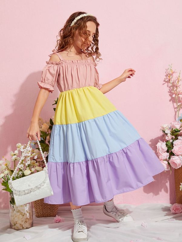 Girls Color Block Frill Trim Ruched Knot Shoulder Puff Sleeve Dress SHE