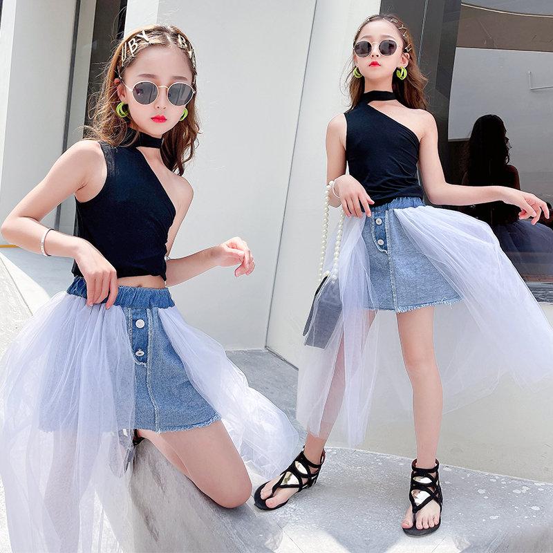 Clothing Sets Fashion Show Children Girls Clothes Outfits Slim One Off Shoulder Tops And Denim Skirt With Mesh Suit Cool Kids Teen, Black
Clothing Sets Fashion Show Children Girls Clothes Outfits Slim One Off Shoulder Tops And Denim Skirt With Mesh Suit Cool Kids Teen, Black